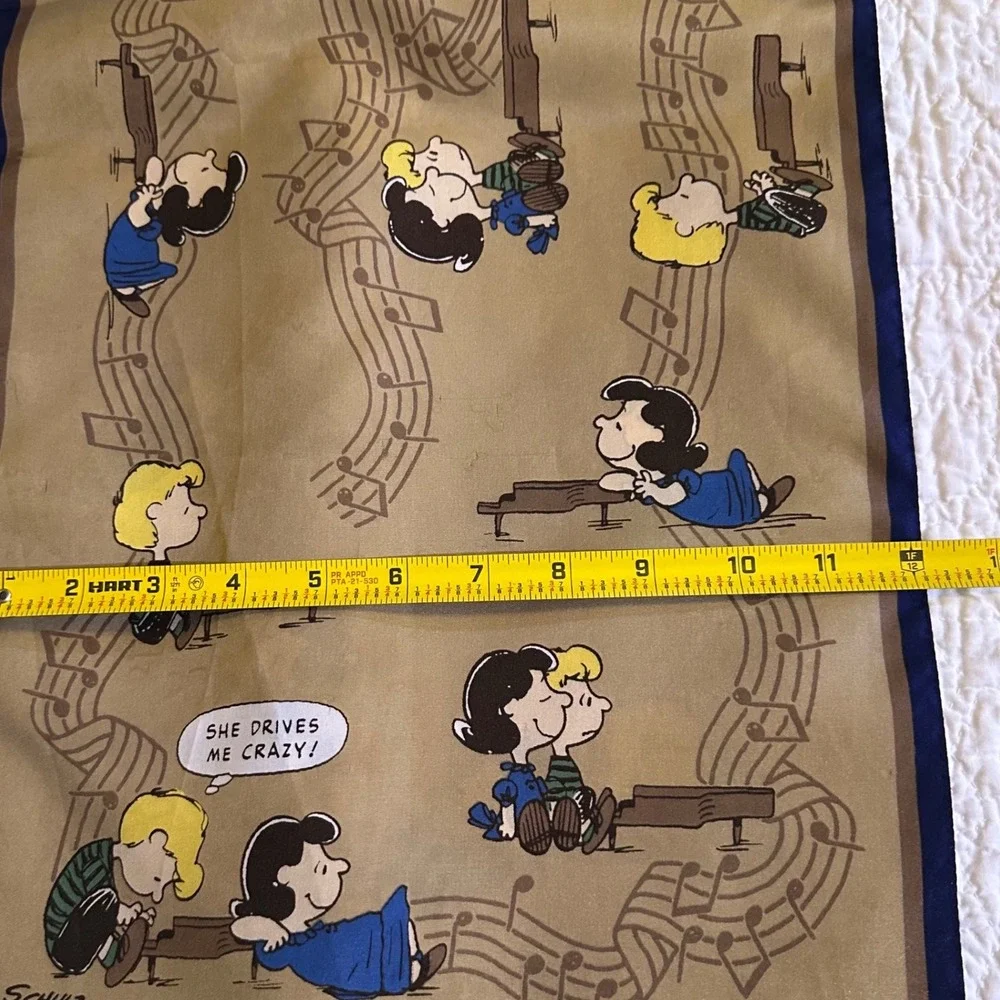 Vintage Peanuts 1950's Scarf Schroeder Lucy She Drives Me Crazy Tan Navy 27x11